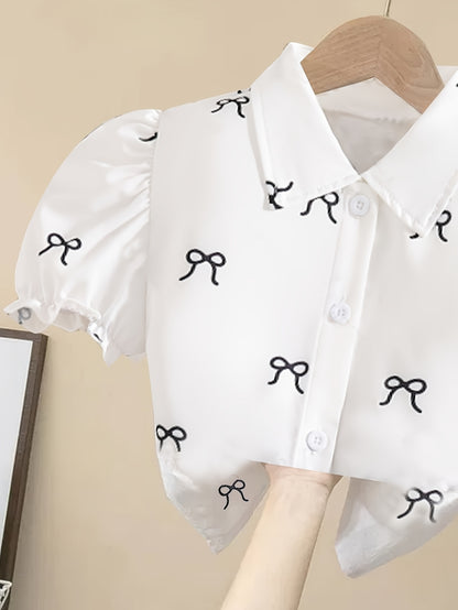Girls' Preppy 2-Piece Set: White Lapel Shirt & Pleated Black Skirt