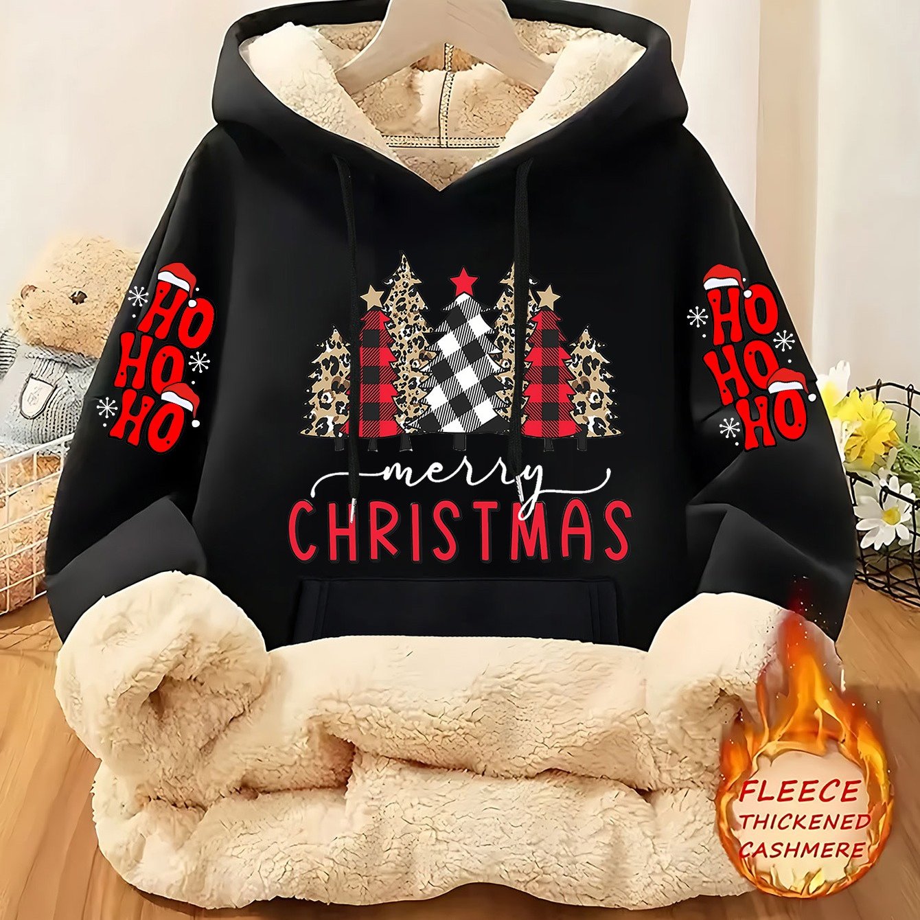 Christmas & Plaid Leopard Print Christmas Tree Pattern Printed Ladies Lined Hoodie, Thick and Warm Polyester Fabric Jacket, Suitable for Casual Composite Warm Clothing for Autumn and Winter Season