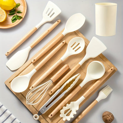 12pcs, wooden handle silicone kitchenware 12 sets, high temperature silicone spatula, spoon, cream spatula, slotted spoon, spaghetti grab, thick spoon, non-stick cooking spoon set, kitchen cooking tools, silicone kitchen uten