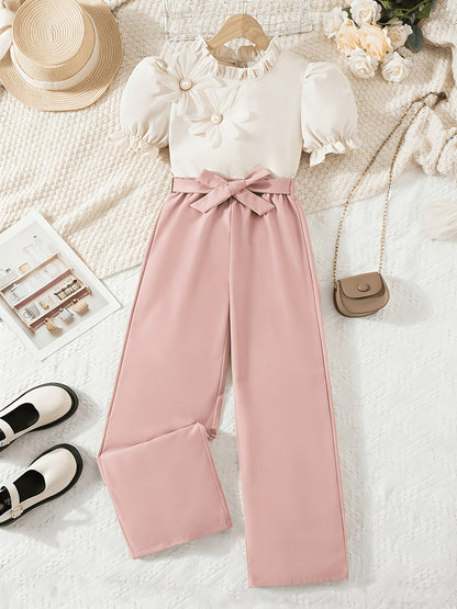 Girls' Casual 2-Piece Short Sleeve Top & Wide-Leg Pants Set