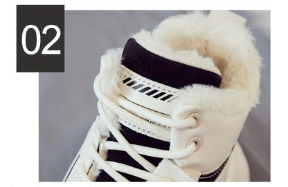 Women's Plush Fleece-Lined High-Top Sneakers - Thick-Soled Winter Warm Lace-Up Shoes with PU Upper & Cushioned PVC Sole, White/Black/Grey Chunky Dad Shoes (Cozy Round Toe) - Instagram Trendy Winter Footwear by I Trend