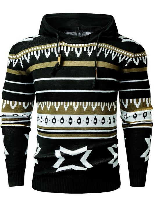 Men'S Hooded Pullover for Autumn And Winter, Featuring a Geometric Knit Pattern, Street Style, And a Cozy Knitted Sweater