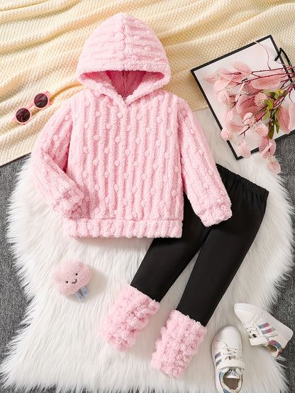2pcs Girls' Warm Plush Hooded Jacket + Pants Autumn and Winter Style Girls' Cozy Fleece Pullover Sweatshirt with Warm Pants Cute Fashion Street Vertical Stripe Polka Dot Windproof Set Comfortable Soft 4-5-6-7-8 Years Old Suit