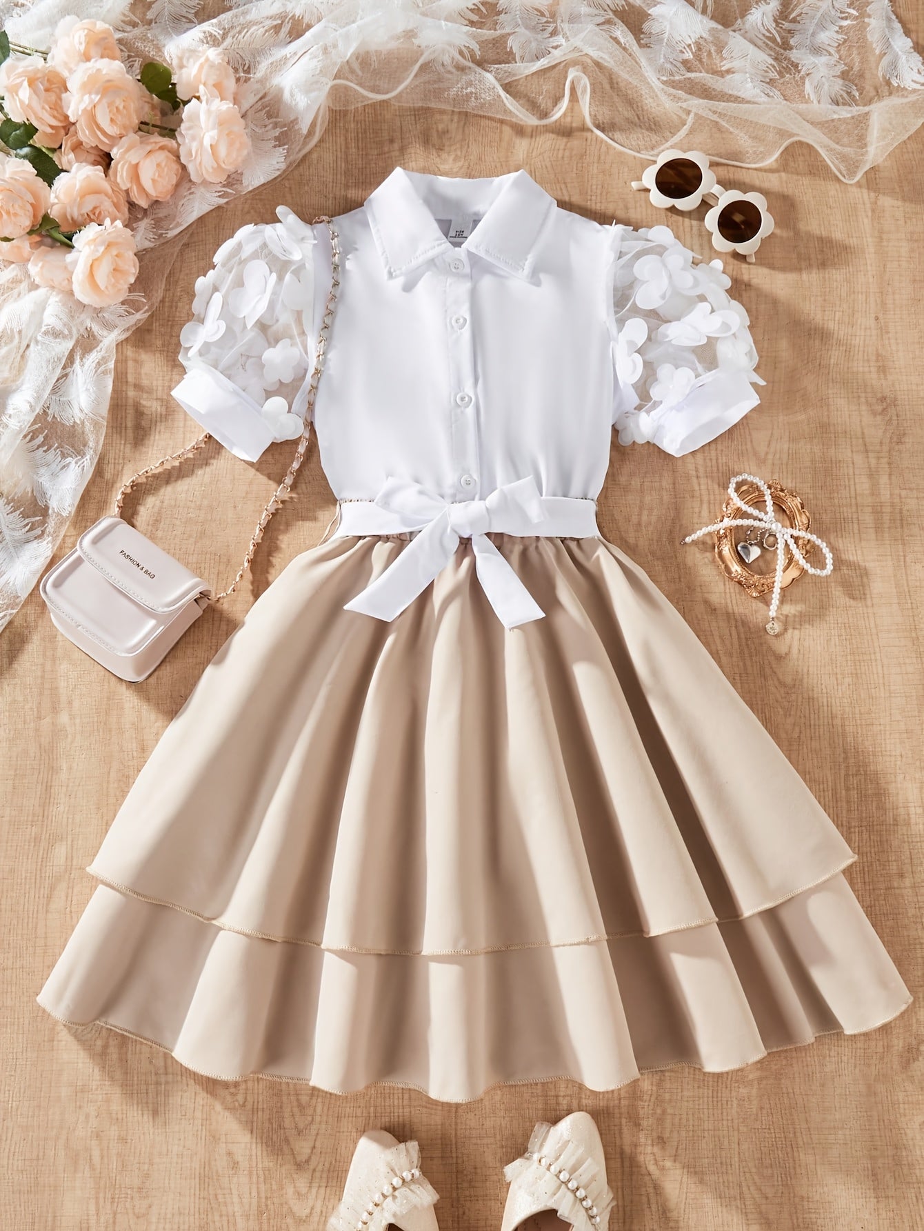 Girls' Summer Layered Skirt Set with Floral Tulle Top & Cardigan
