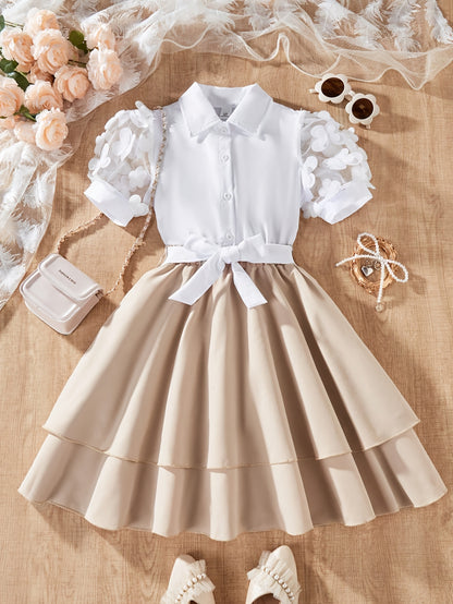 Girls' Summer Layered Skirt Set with Floral Tulle Top & Cardigan
