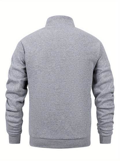 Men's Stand Collar Zip-Up Solid Color Fleece Jacket Long Sleeve Casual Sport Hoodless Coat with Large Side Pockets, Suitable for Daily Wear, Outdoor Activities, Hiking