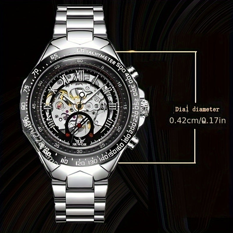 Fashion Statement, Men's Luxury Automatic Mechanical Watch - Elegant Stainless Steel Band, Multi-Function with Sun, Moon, and Stars Display, Transparent Back for Sophisticated Style
