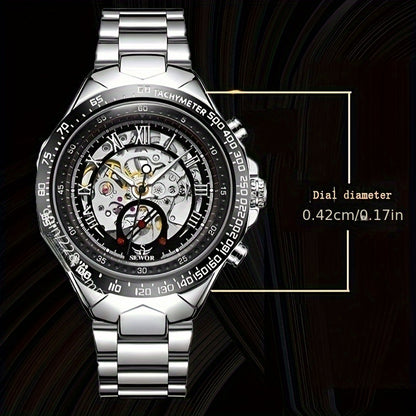 Fashion Statement, Men's Luxury Automatic Mechanical Watch - Elegant Stainless Steel Band, Multi-Function with Sun, Moon, and Stars Display, Transparent Back for Sophisticated Style