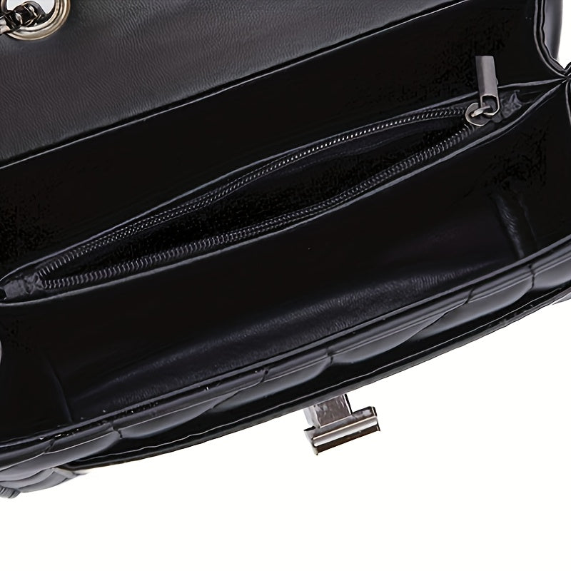 A Women'S Black Plaid Crossbody Bag with a Stylish Chain Shoulder Strap, Featuring a Flap Closure And PVC Lining, Designed for Ladies - Urban Style, Not Washable