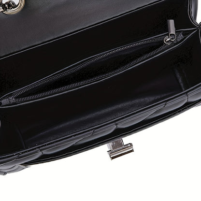 A Women'S Black Plaid Crossbody Bag with a Stylish Chain Shoulder Strap, Featuring a Flap Closure And PVC Lining, Designed for Ladies - Urban Style, Not Washable