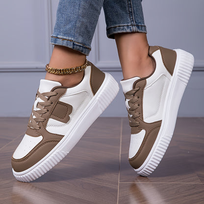 Women's Plus Size Lightweight Casual Sneakers - Thick Sole Slip-Resistant EVA Sole, Breathable Mesh Lining, Round Toe Lace-Up Design, All-Season Comfort, Two-Tone Color Options (White/Brown)