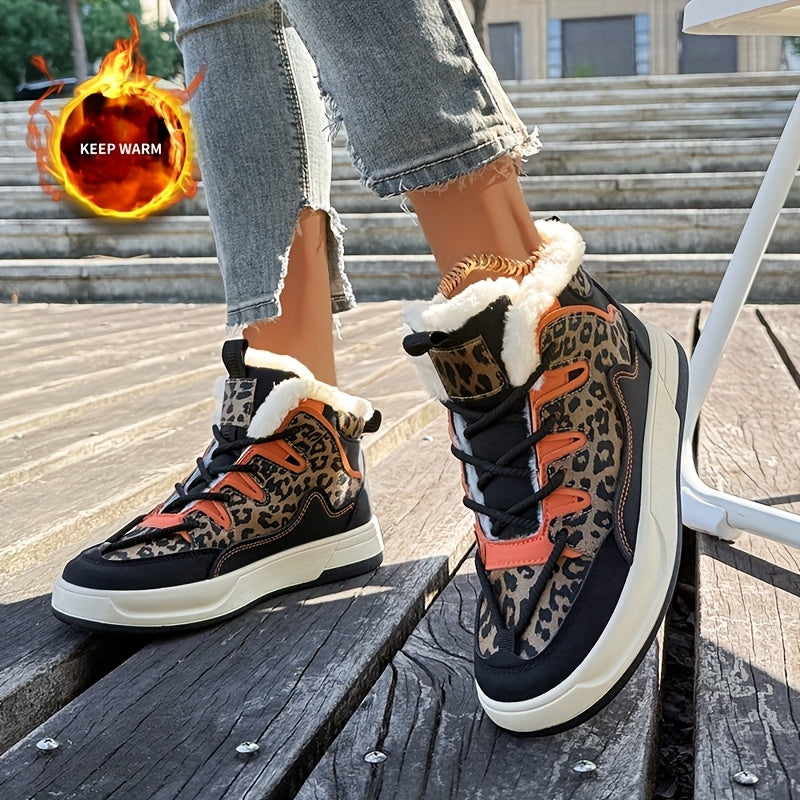 Women'S Stylish Leopard Print Winter Sneakers - Warm Fleece-Lined Casual Shoes with Thick Cushioned PVC Sole, Black & Orange Design, Perfect for Fall/Winter, Winter Sneakers | Leopard Print Shoes | Durable PVC Sole