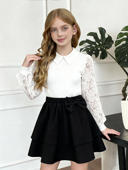 Girls' Lace Collar Sweater & Black Tutu Skirt Set for Summer