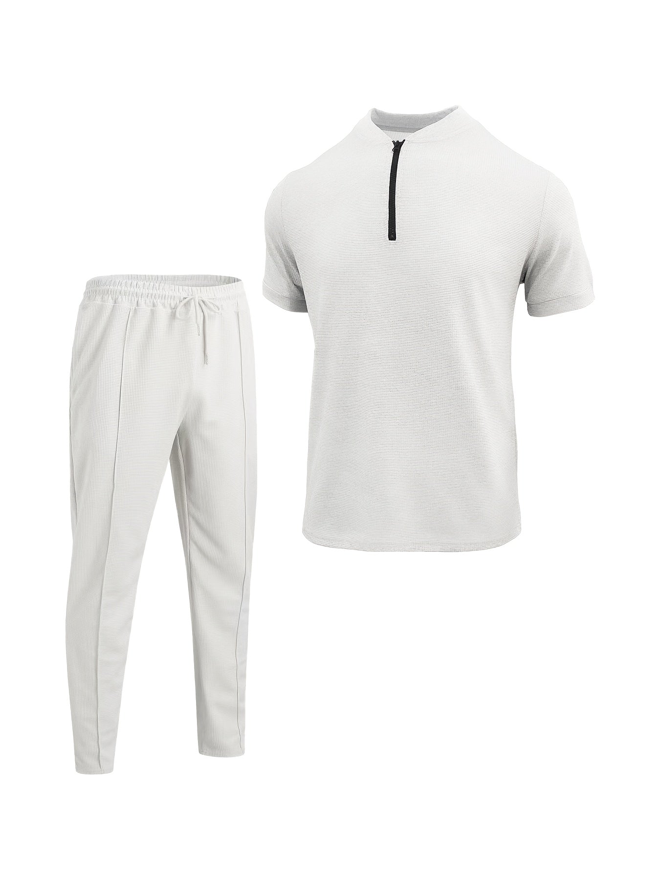 Men's Waffle Knit Zipper Shirt, Rib Collar Short Sleeve T-Shirt, Casual Breathable Summer Top - ayq