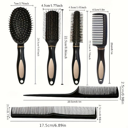 6-Piece Black Hair Styling Tool Set with Ergonomic Handles