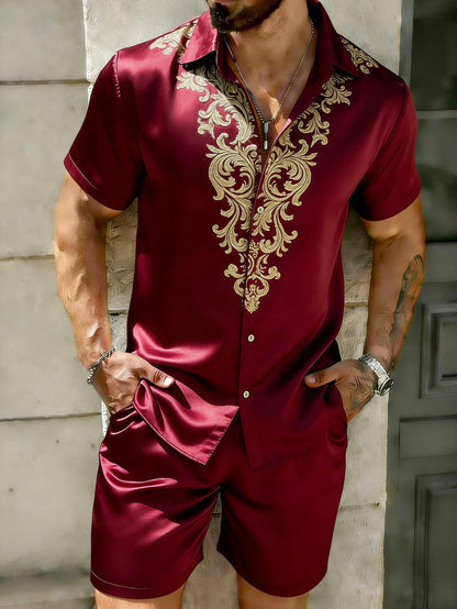 Men's Summer 2-Piece Set Red Baroque Print Shirt & Shorts