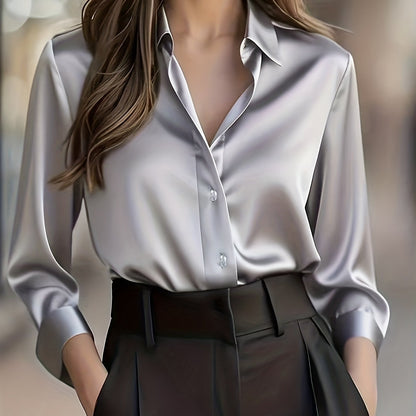 Women's Elegant All-Season Glossy  Shirt Jacket - Collar -Front Closure, Solid Brown (Copper/Black) - Tailored Blazer for, Office & Formal Events - Machine Washable Non-Stretch Professional Outerwear