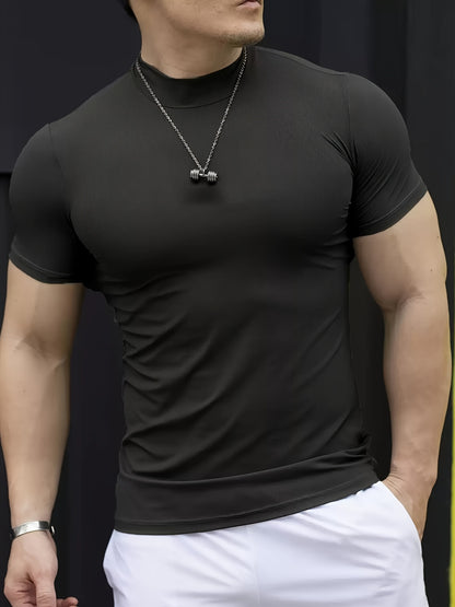 Men'S White Short Sleeve T-Shirt - Stretchy, Moisture-Wicking, Round Neck, Casual Fitness Wear for Summer, Sporty Style, Sportswear Tee   Sporty Neckline   Stretchy Fabric