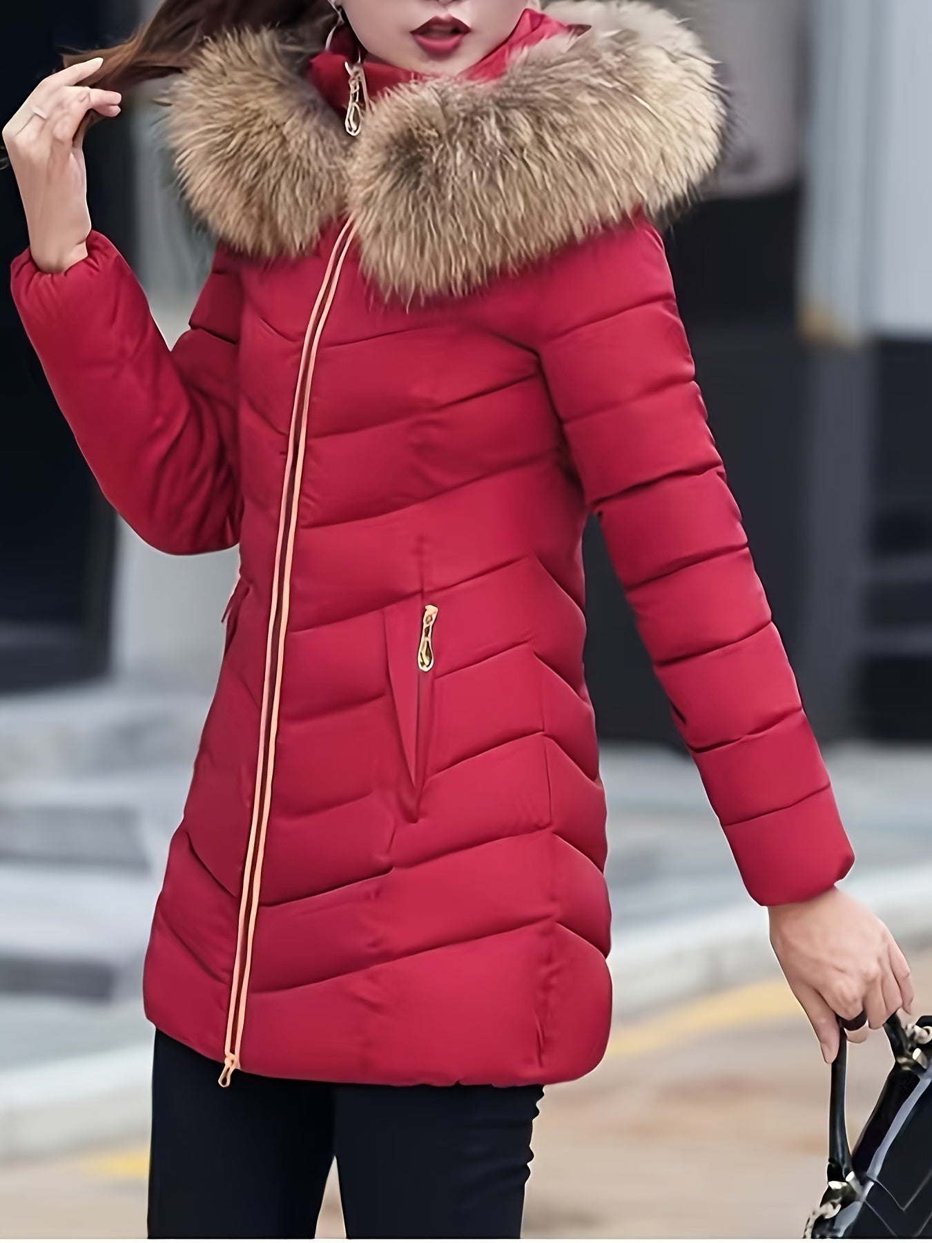 Women'S Elegant Red Mid-Length Winter Coat with Plush Fur Hood, Zip-Up Design, and Contrast Trim - Stylish All-Season Outerwear, Winter Coats And Vests
