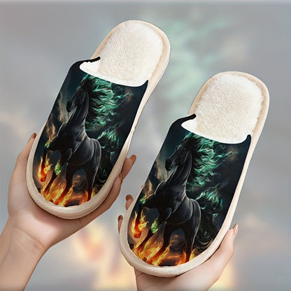 Men'S & Women'S Plush Slip-On Slippers - Winter Warmth with Horse & Flame Design, Soft Plush Lining & EVA Sole, Indoor House Shoes for Home, Office