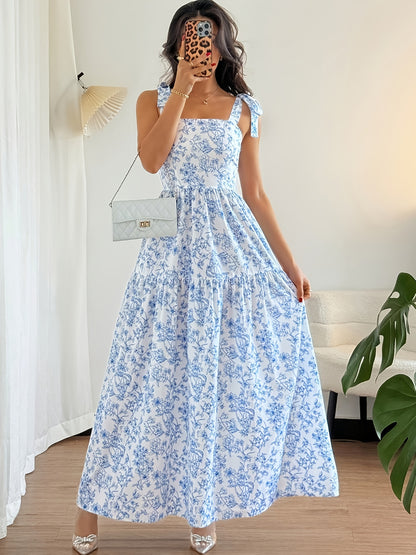 Elegant Sleeveless Floral Summer Dress with Square Neck