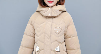 Women's Winter Hooded Jacket - Stylish Beige & White Zip-Up Coat with Heart Design, Warm Polyester Outerwear for Casual or Chic Looks, Winter Jacket