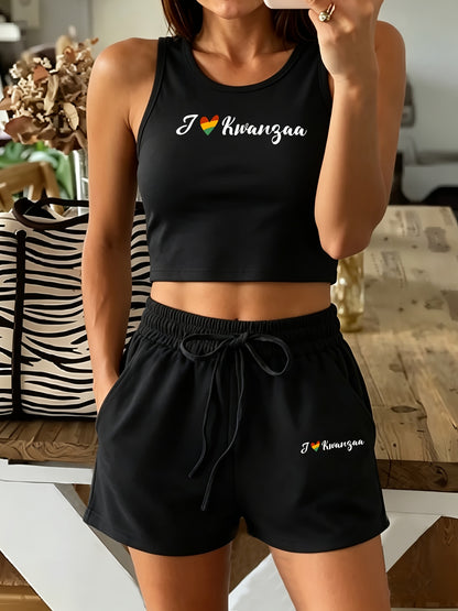 Women's Casual Two-Piece Vest and Shorts Set with Drawstring