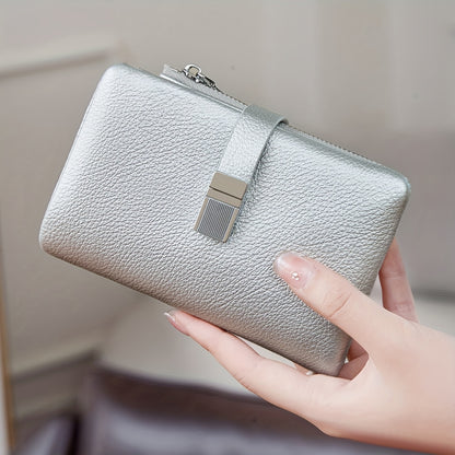 A Compact Trifold Wallet Made of Soft PU in a Solid Color, Featuring Metal Accents. It Includes a Zippered Coin Pocket, Card Slots, And an ID Window, Suitable for Credit Cards, ID Cards, Cash, And Coins. This Modern, Lightwei