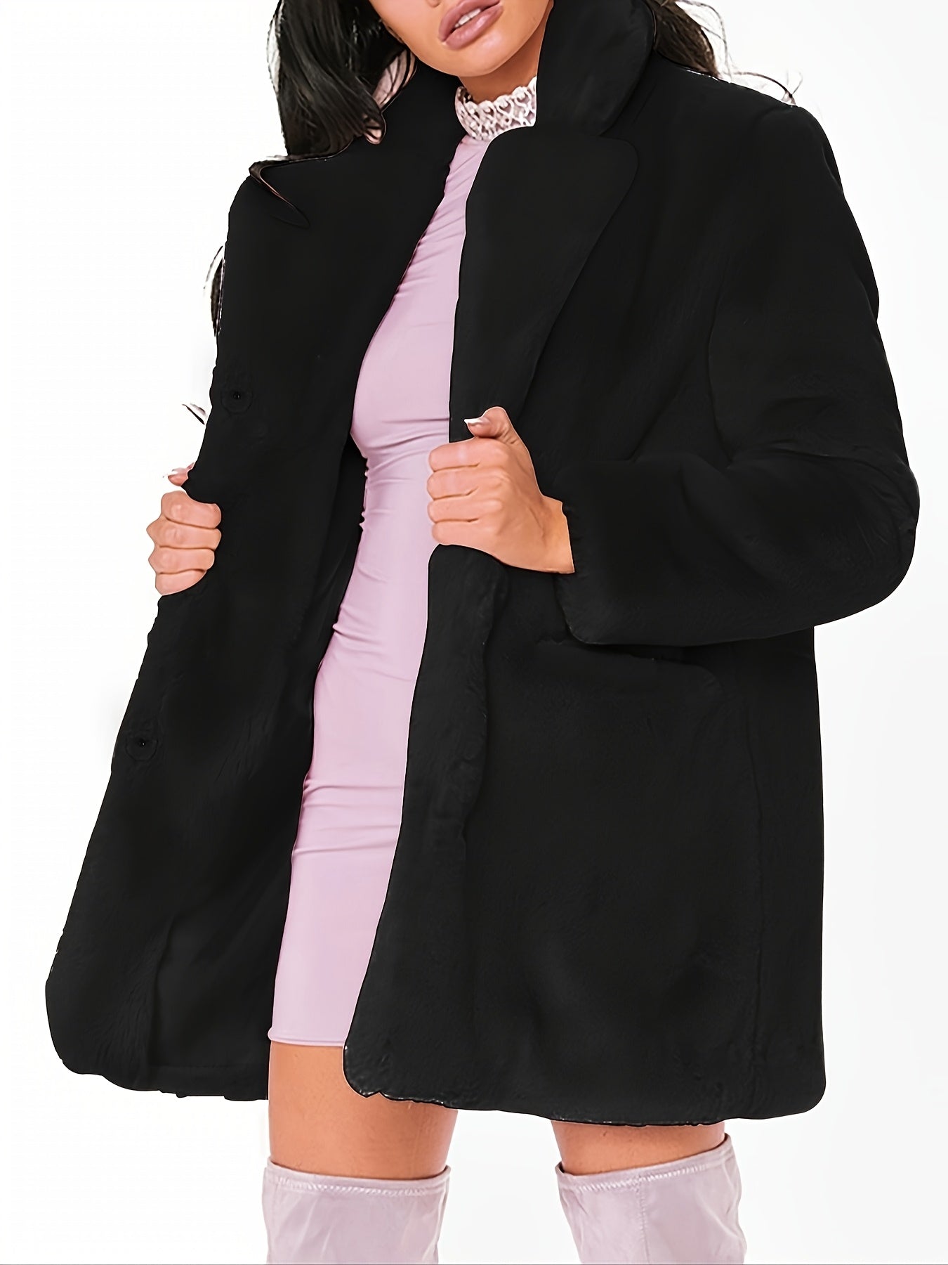 Women'S Elegant Long Coat - Winter Warmth, Chic Formal & Everyday Outerwear with Front Closure, All-Season Luxury Jacket for Cold Weather - Sophisticated Women'S Clothing, Ladies Winter Coats, Cold Weather Apparel, Plush Text