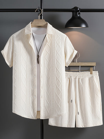 Men's Set Shirt Short Sleeve Shorts Thick Solid Color Knit Jacquard Casual Comfort High-Quality Two-Piece Set