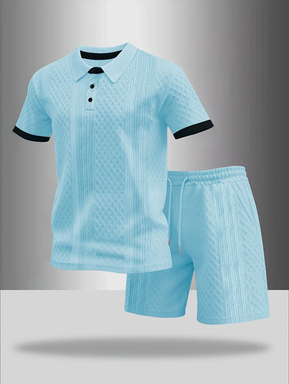 Men's Summer Casual Polo Shirt & Shorts Set with Geometric Print