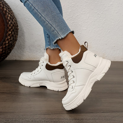Women's Insulated Winter Boots with Plush Collar & Thick Sole - White Faux Cover Round-Toe Lace-Up Ankle Boots, Cushioned Insole & Arch Support, Warm TPU Outsole for Cold Weather, Casual to Semi-Formal Outfits