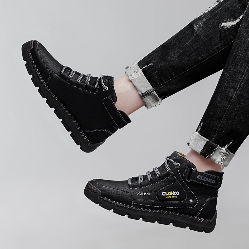 Men's Casual High-Top Ankle Boots with Buckle and Lace-Up