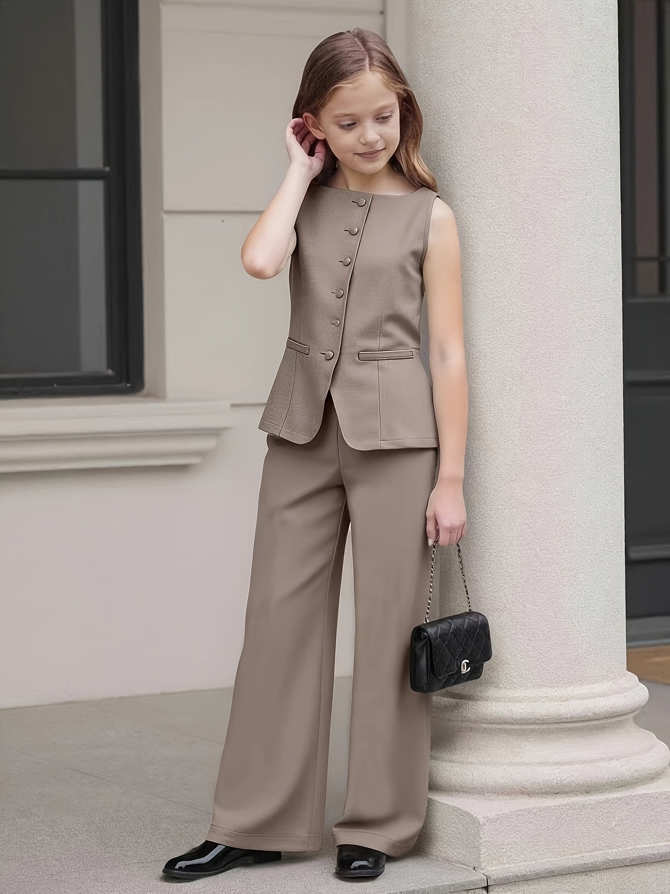 Girls' Sleeveless Waist-Cinching Vest and Wide-Leg Pants Set