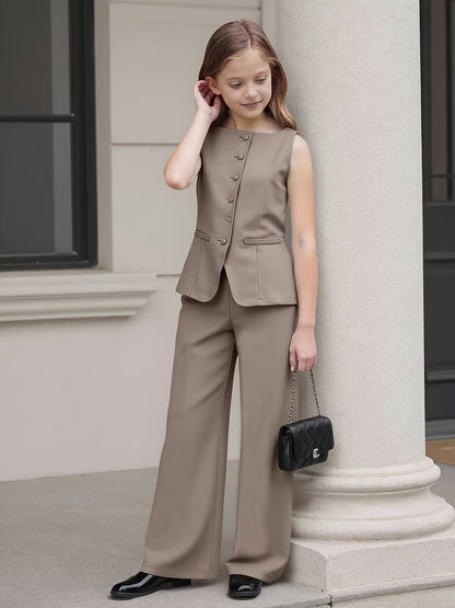 Girls' Sleeveless Waist-Cinching Vest and Wide-Leg Pants Set