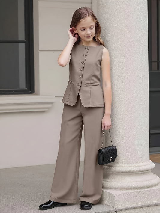 Girls' Sleeveless Waist-Cinching Vest and Wide-Leg Pants Set