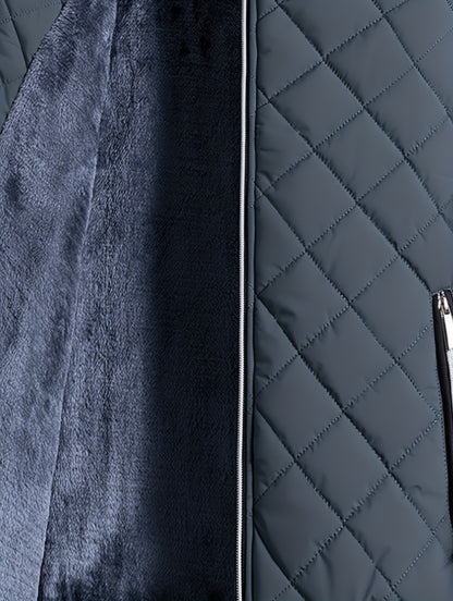 Men'S Diamond Pattern Fleece-Lined Jacket | Casual Stand Collar Warm Coat with Zipper Closure for Autumn and Winter
