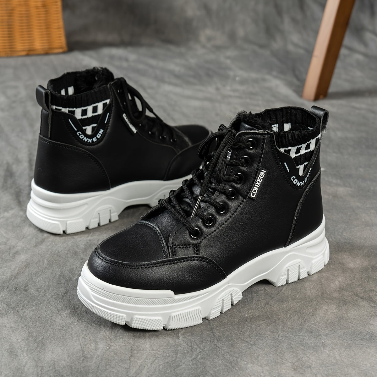 gfhfgjjfg Women's Casual High-Top Platform Ankle Boots with Lace-Up Closure, Thick Rubber Sole & Faux Cover Upper - Winter Warm Round Toe Boots for Casual Attire (Black/White/Beige), Comfortable Footwear, Durable Traction Foo