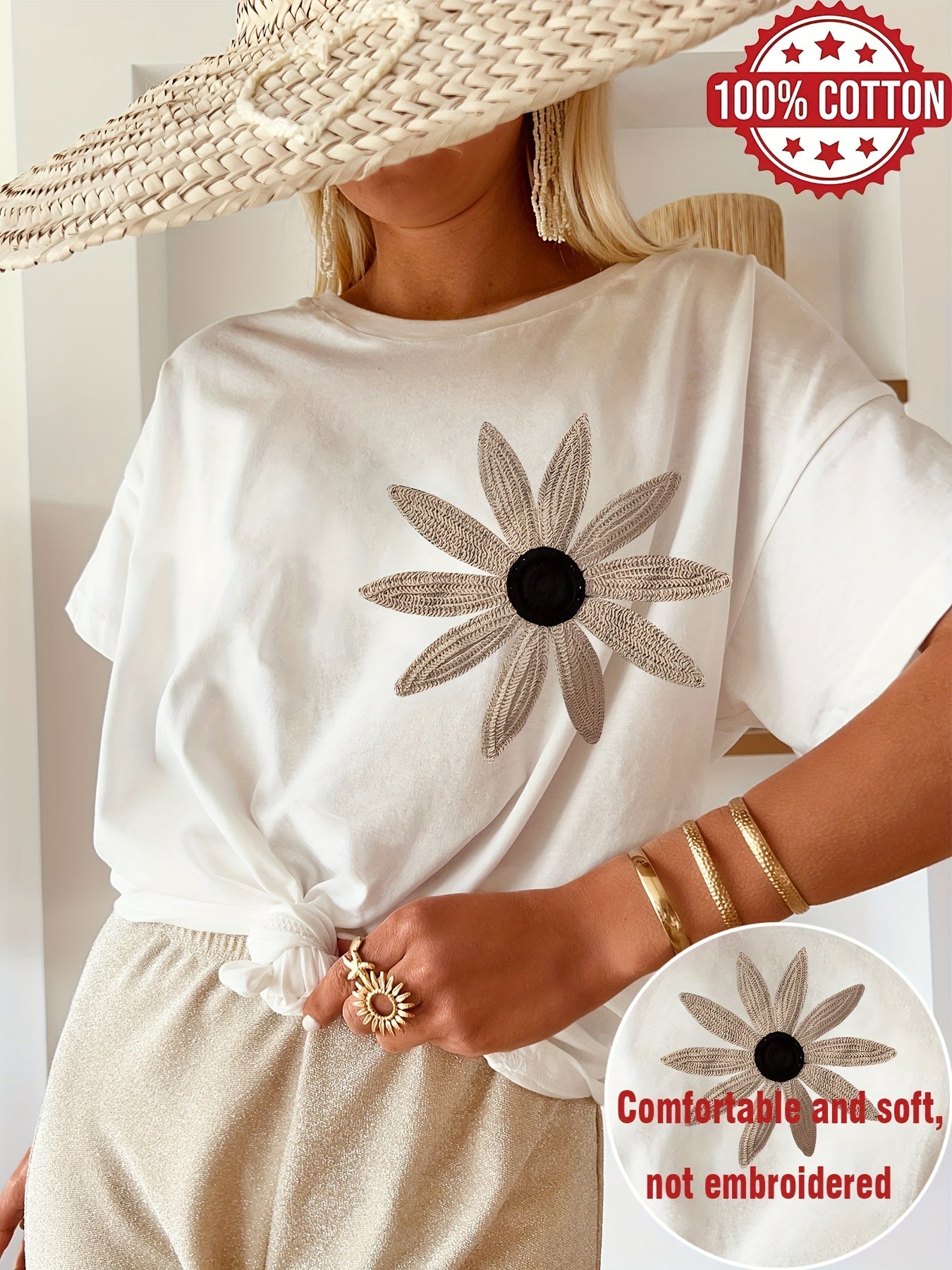 Women's Casual 100% Cotton Floral Round Neck T-Shirt Summer