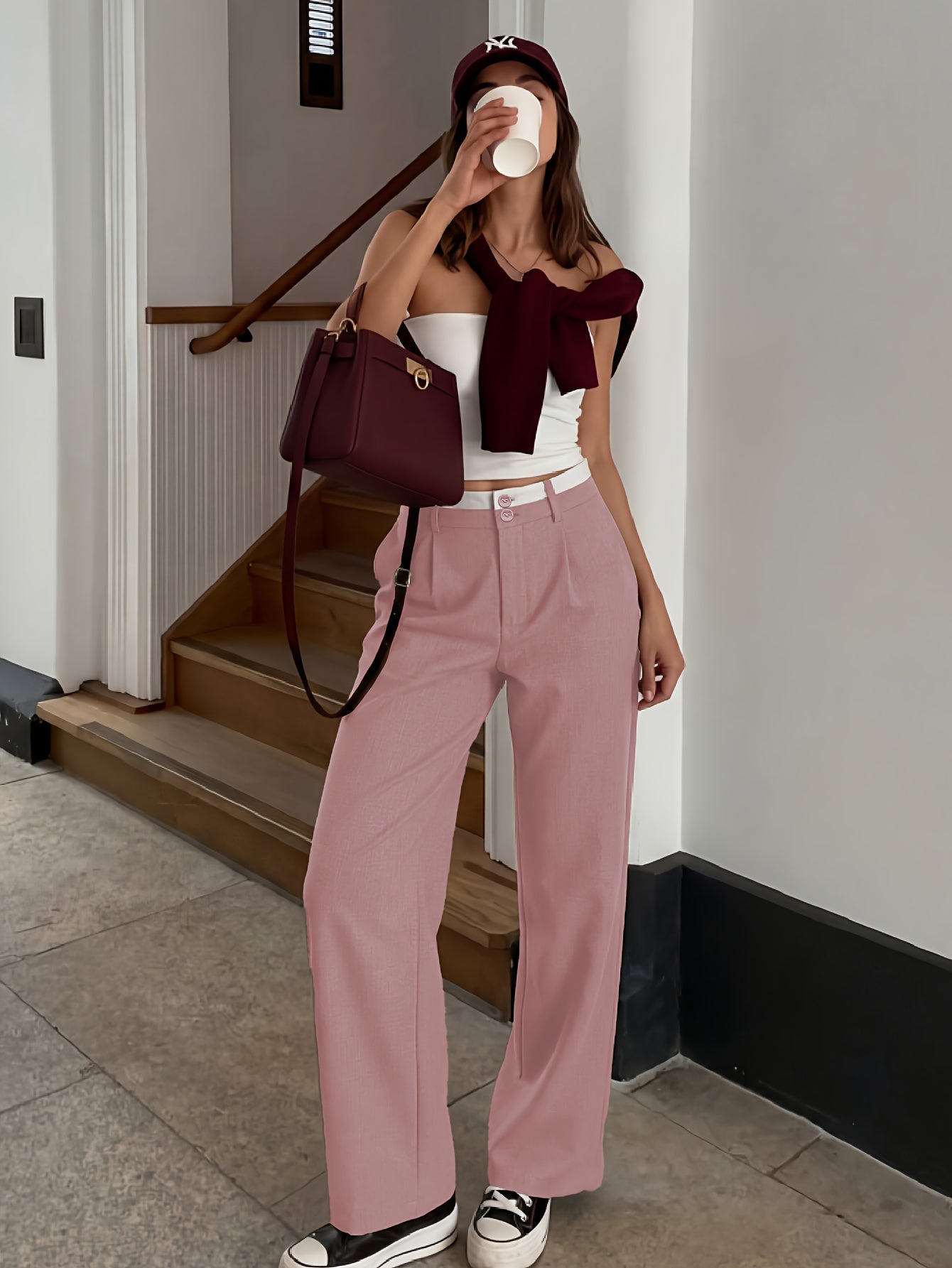 Women’s Retro High-Waisted Color-Block Casual Suit Pants