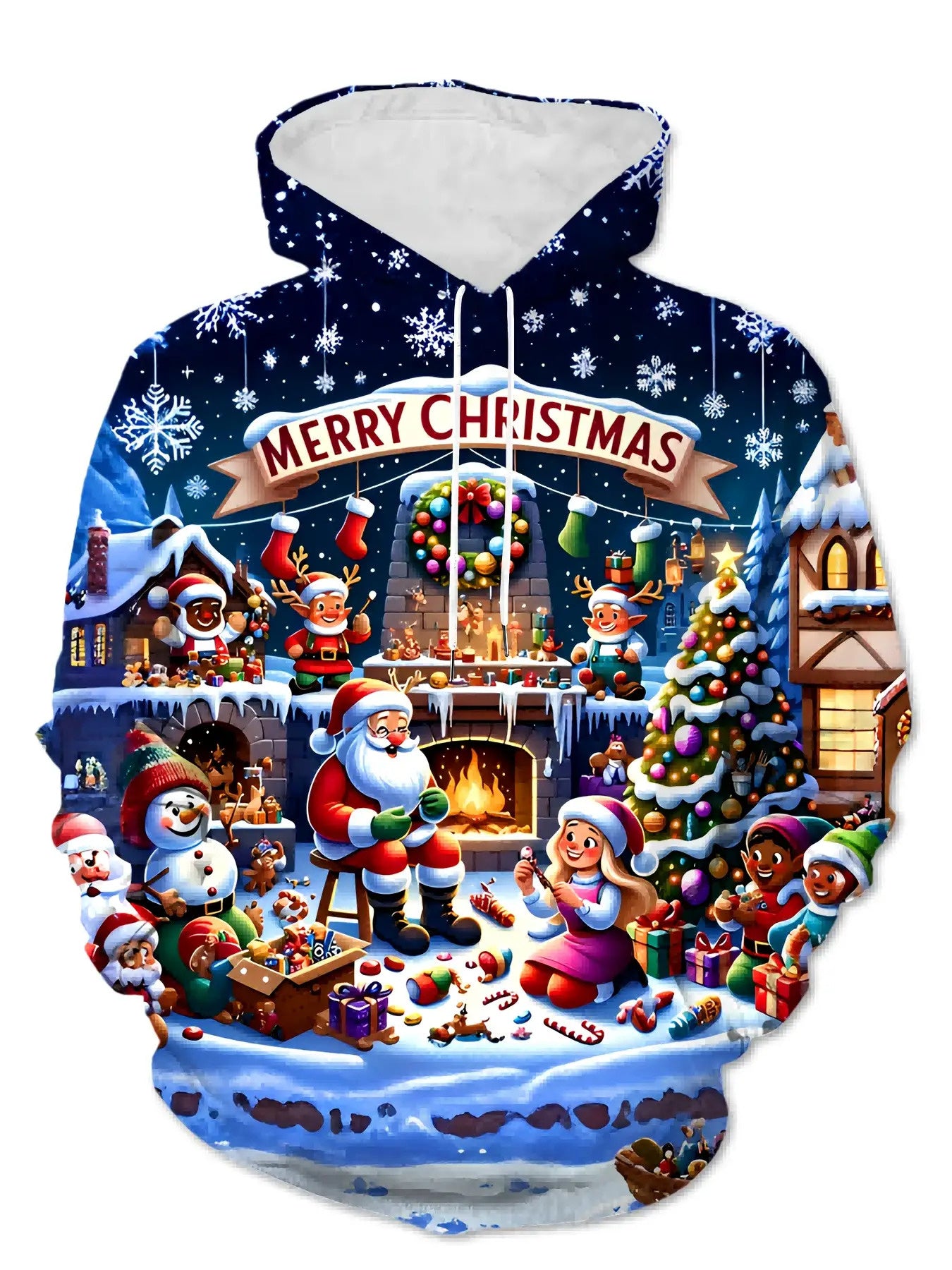 Men's 3D Christmas Print  Sweatshirt - Santa Snowman Reindeer Winter Scene Hoodie with Drawstring Pocket, Fabric Gym & Streetwear, All-Season Casual Wear (Black) - Festive Gift for Xmas & Black Friday (Machine Washable), PLUS