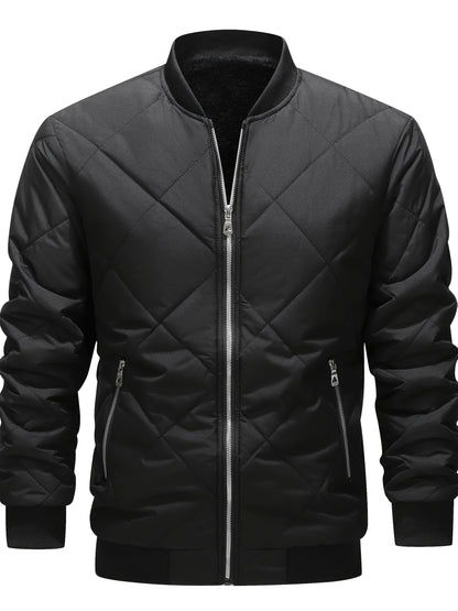 Men's Winter Casual Bomber Jacket - Black with Diamond Quilted Design, 100% Polyester, Zipper Front & Side Pockets, Regular Fit for Outdoor Activities