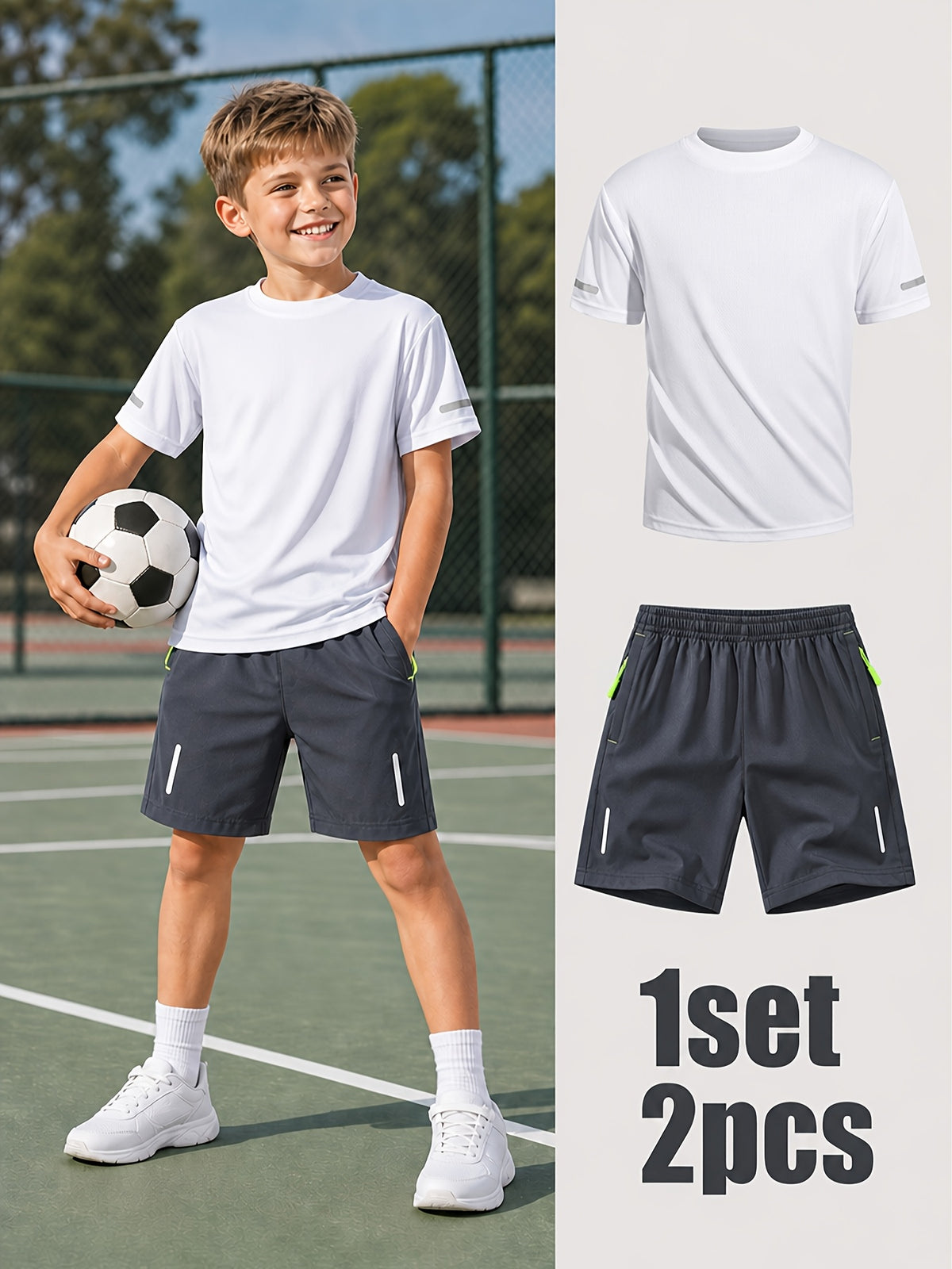 Boys' Quick-Dry Summer Shirt & Shorts Set with Reflective Strips