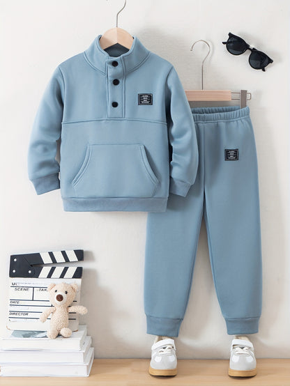 Boys' Cozy Fleece-Lined Hoodie & Sweatpants Set - Olive Green Casual Winter Outfit with Pockets, Thick Warmth for Fall & Winter, Regular Fit, Casual Attire, for Outdoor