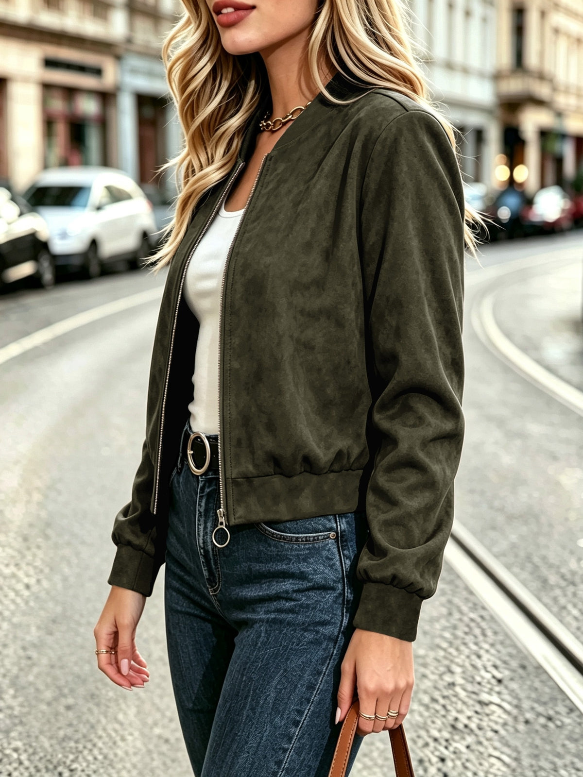 Elegant Casual Suede Texture Long Sleeve Jacket for Fall