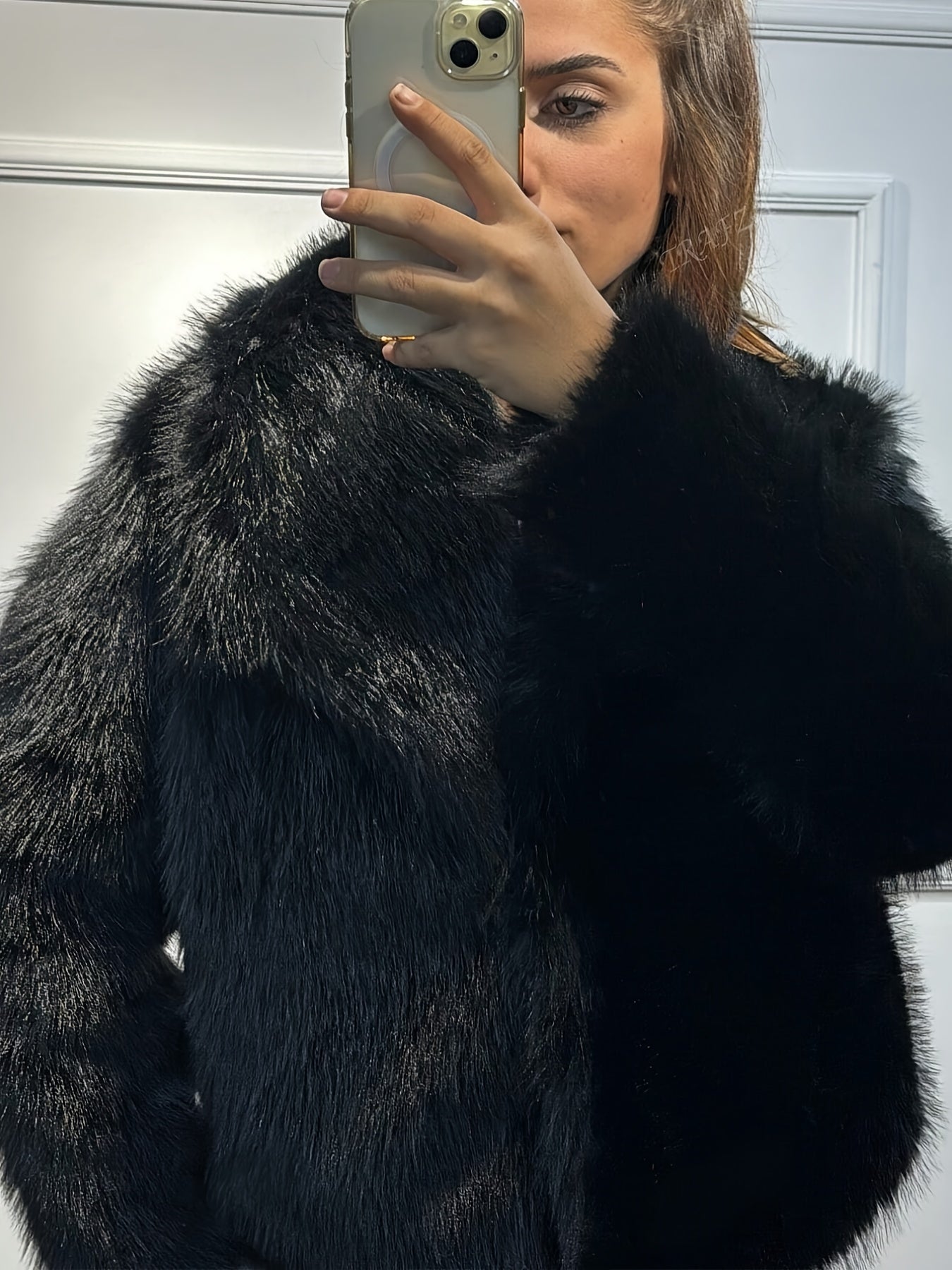 Women's Elegant Luxury Faux Fur Coat - Winter Warm Solid Black Outerwear with Plush Fur Collar, Machine Washable Winter Coat for Fall & Winter, Casual to Formal Events, Faux Fur Jacket for Women, Chic and Sophisticated Design
