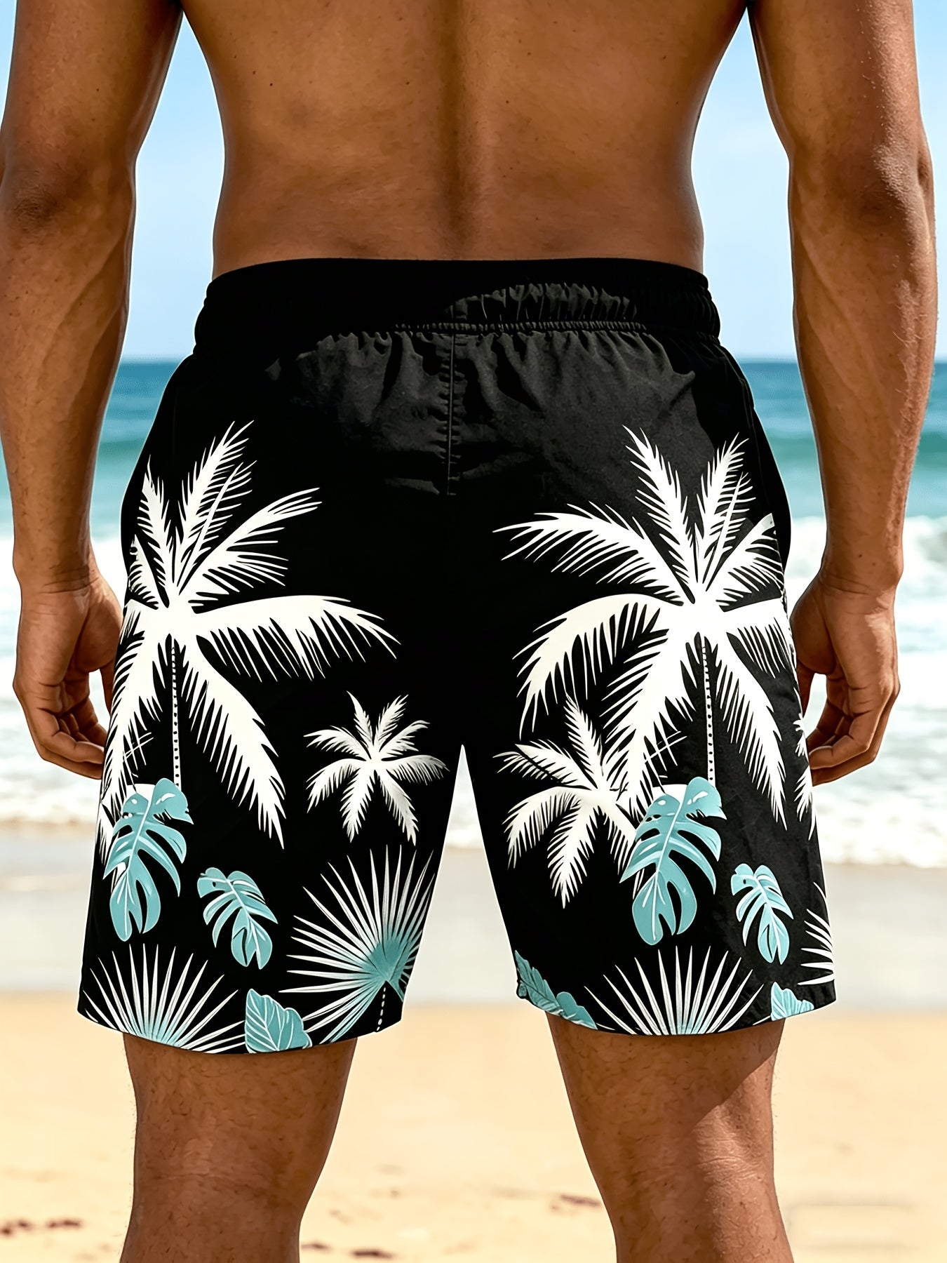 Plus Size Men's Palm Tree Print Beach Shorts, Breathable Polyester
