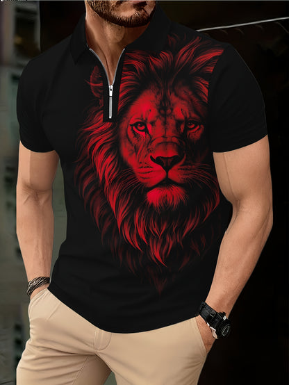 Men's Zip Shirt Short Sleeve Summer Trendy Lion Print Collar T-Shirt Business Casual Slim Fit Men's Top Women's Clothing