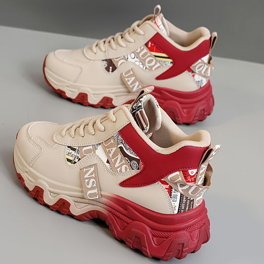 Women's Breathable Lightweight Running Shoes - Trendy Color Block Design with "NO Fear Limits" Print, Casual Athletic Sneakers, Lace-Up Closure, Beige  Red Upper, Rubber Sole, All-Season Wear, Ladies Sneakers, Sporty Lifesty