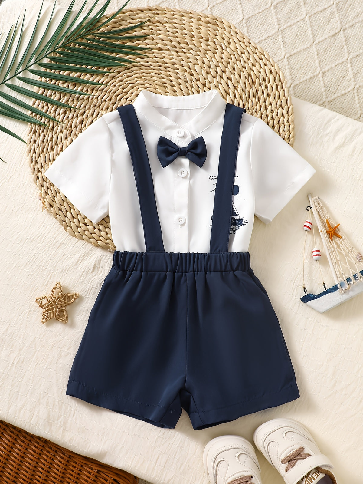 Baby Boy Preppy Suit with Sailboat Print Overalls & Bow Tie